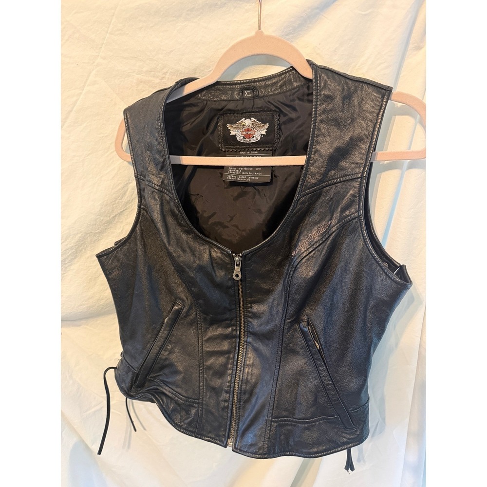 Harley-Davidson Womens XL Black Leather Side Lace Biker Vest Embroidered Logo‎